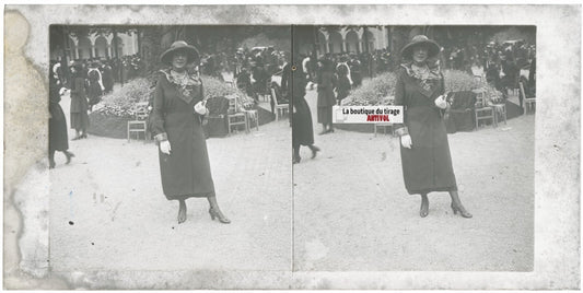 Personnages, Longchamp, Paris, plaque verre stéréoscopique, positif 8,5x17 cm