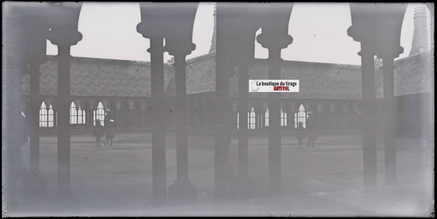 Cloître Mont-Saint-Michel, stéréoscopie, photo plaque verre, négatif 9x18 cm