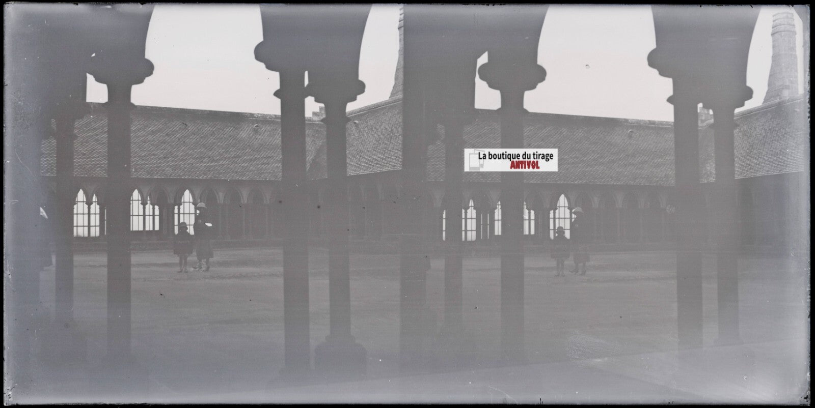 Cloître Mont-Saint-Michel, stéréoscopie, photo plaque verre, négatif 9x18 cm