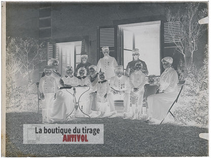 Officiers et civils, famille, plaque verre, photo ancienne, négatif 9x12 cm
