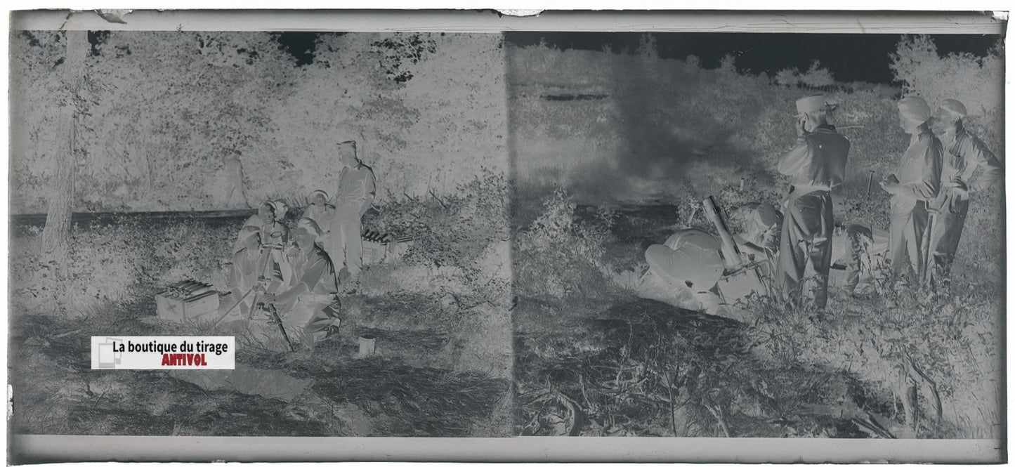 Camp Ruchard, tir de mortier, plaque verre, photo ancienne, négatif N&B 6x13 cm