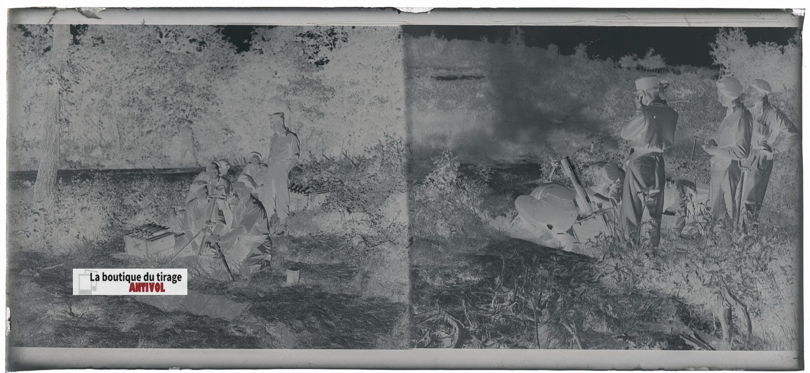 Camp Ruchard, tir de mortier, plaque verre, photo ancienne, négatif N&B 6x13 cm