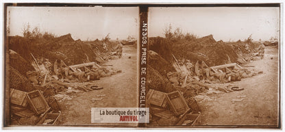 Prise de Courcelles, guerre WW1, plaque verre photo ancienne stéréo 6x13 cm