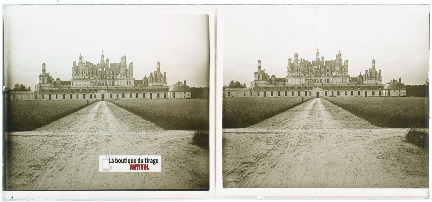 Château de Chambord, plaque verre, photo stéréoscopie, noir & blanc 6x13 cm