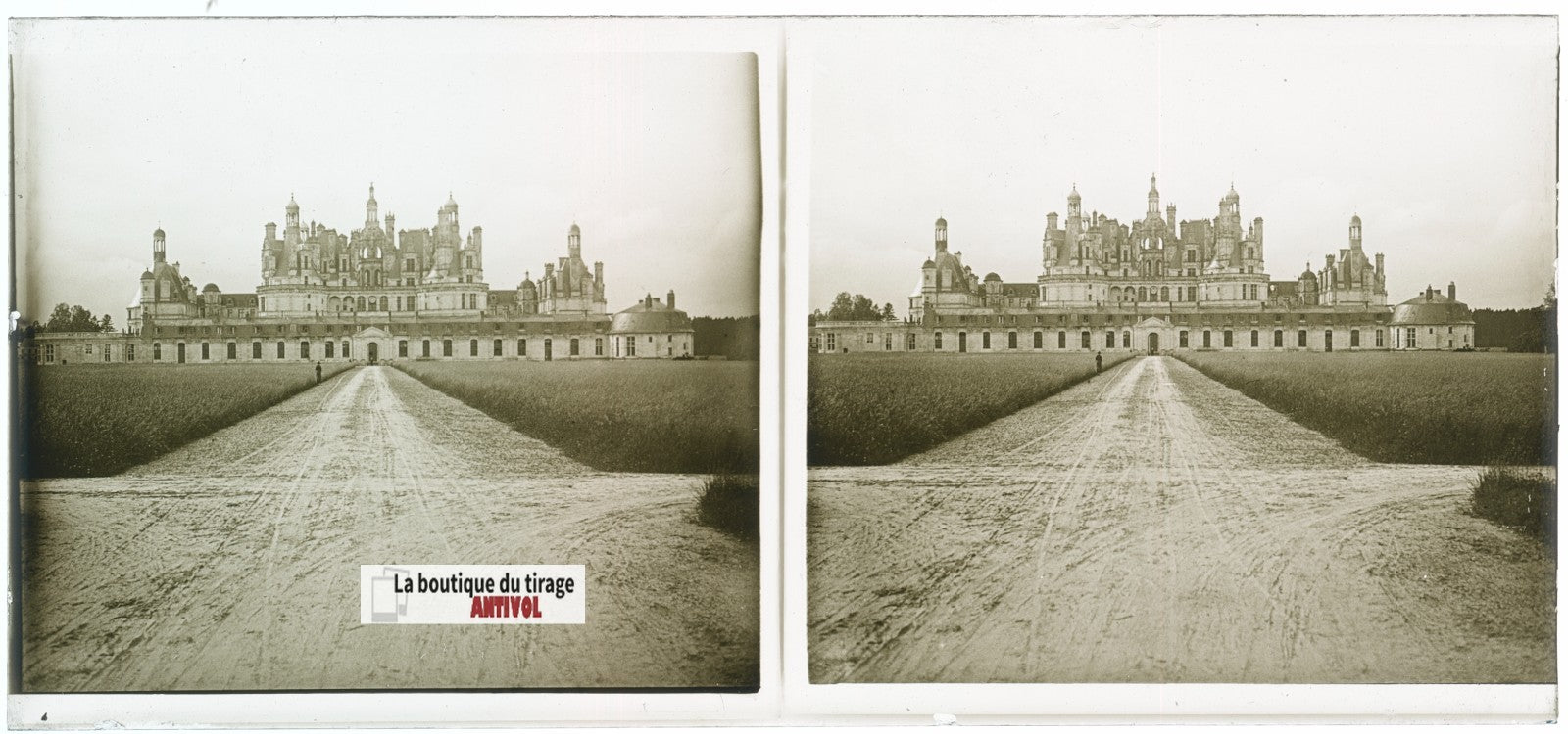 Château de Chambord, plaque verre, photo stéréoscopie, noir & blanc 6x13 cm