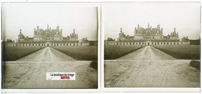 Château de Chambord, plaque verre, photo stéréoscopie, noir & blanc 6x13 cm