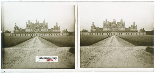 Château de Chambord, plaque verre, photo stéréoscopie, noir & blanc 6x13 cm