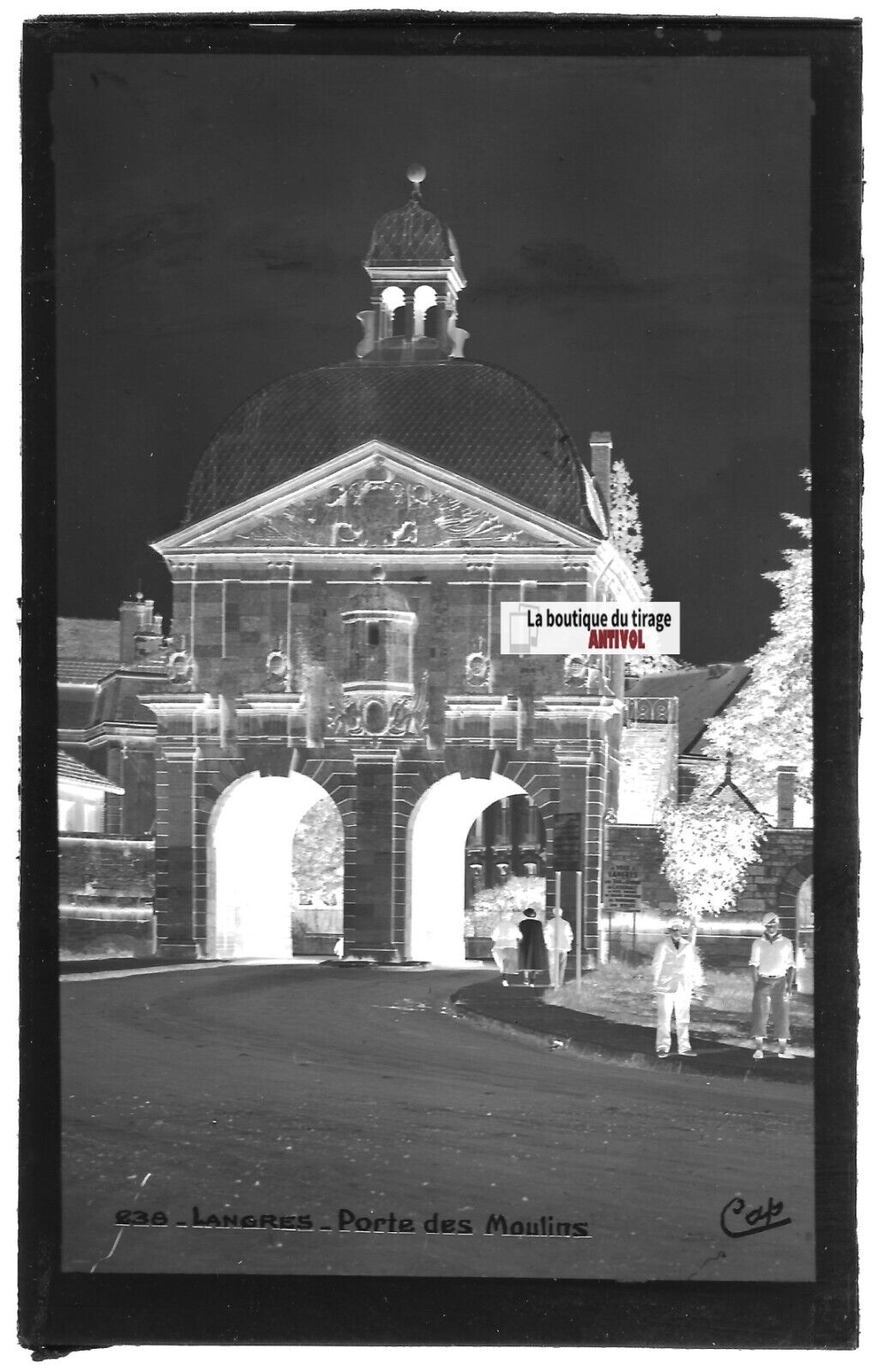 Plaque verre photo négatif noir & blanc 9x14 cm Langres, porte des Moulins