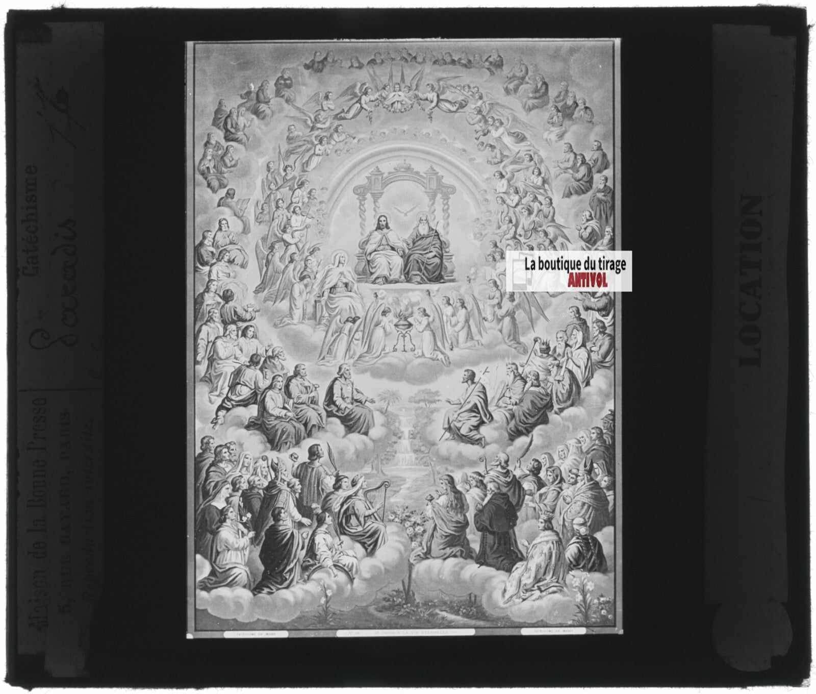 Scène religieuse, catéchisme, dessin peinture, plaque verre, positif 8,5x10 cm