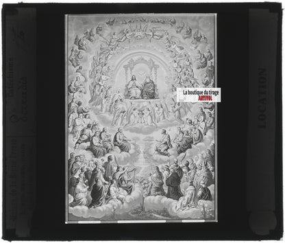 Scène religieuse, catéchisme, dessin peinture, plaque verre, positif 8,5x10 cm