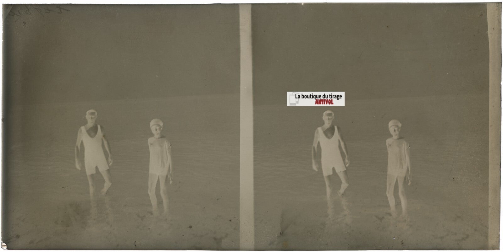 Baignade, mer, plage, stéréoscopie plaque ancienne verre, négatif 9x18 cm