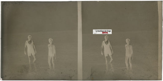 Baignade, mer, plage, stéréoscopie plaque ancienne verre, négatif 9x18 cm