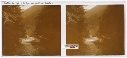 Vallée du Lys, Pont de Ravi, plaque verre, photo stéréo, sépia 6x13 cm
