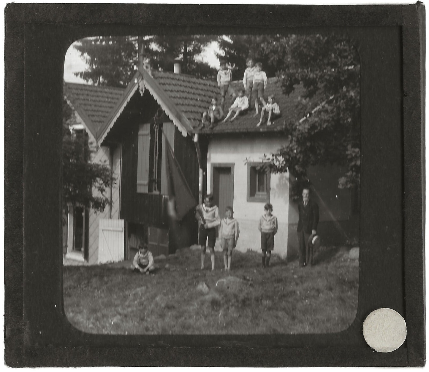 Maison de campagne, enfants, photo plaque de verre, positif 8,5x10 cm