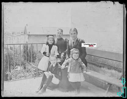 Famille, groupe, enfants, Plaque verre photo, négatif ancien noir & blanc 6x8 cm