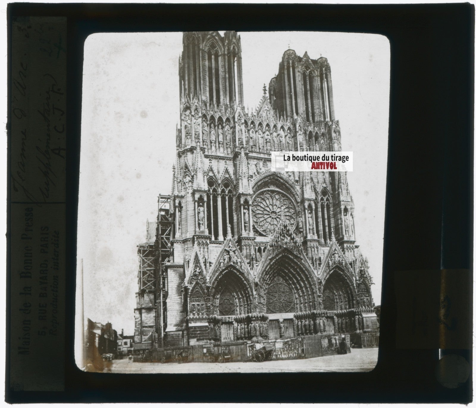 Cathédrale de Reims, photo plaque verre, noir & blanc, positif 8,5x10 cm