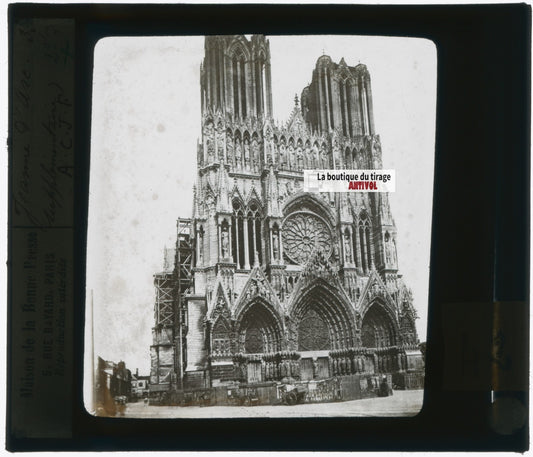 Cathédrale de Reims, photo plaque verre, noir & blanc, positif 8,5x10 cm