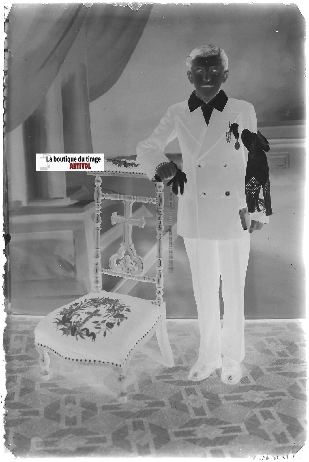 Communion, enfant, Plaque verre photo, négatif noir & blanc 10x15 cm France