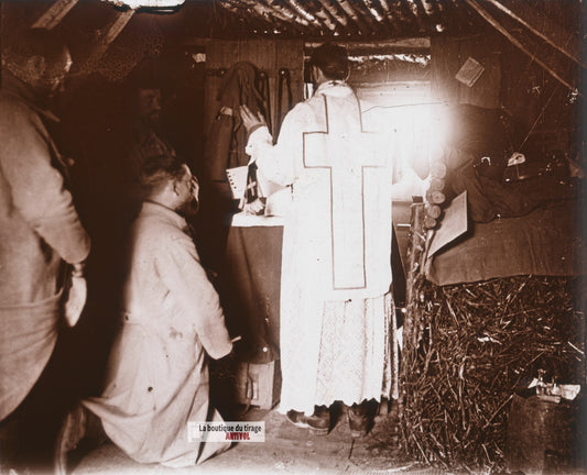 Côte des Melons, messe au front, WW1, plaque verre stéréo, photo 4,5x10,7 cm