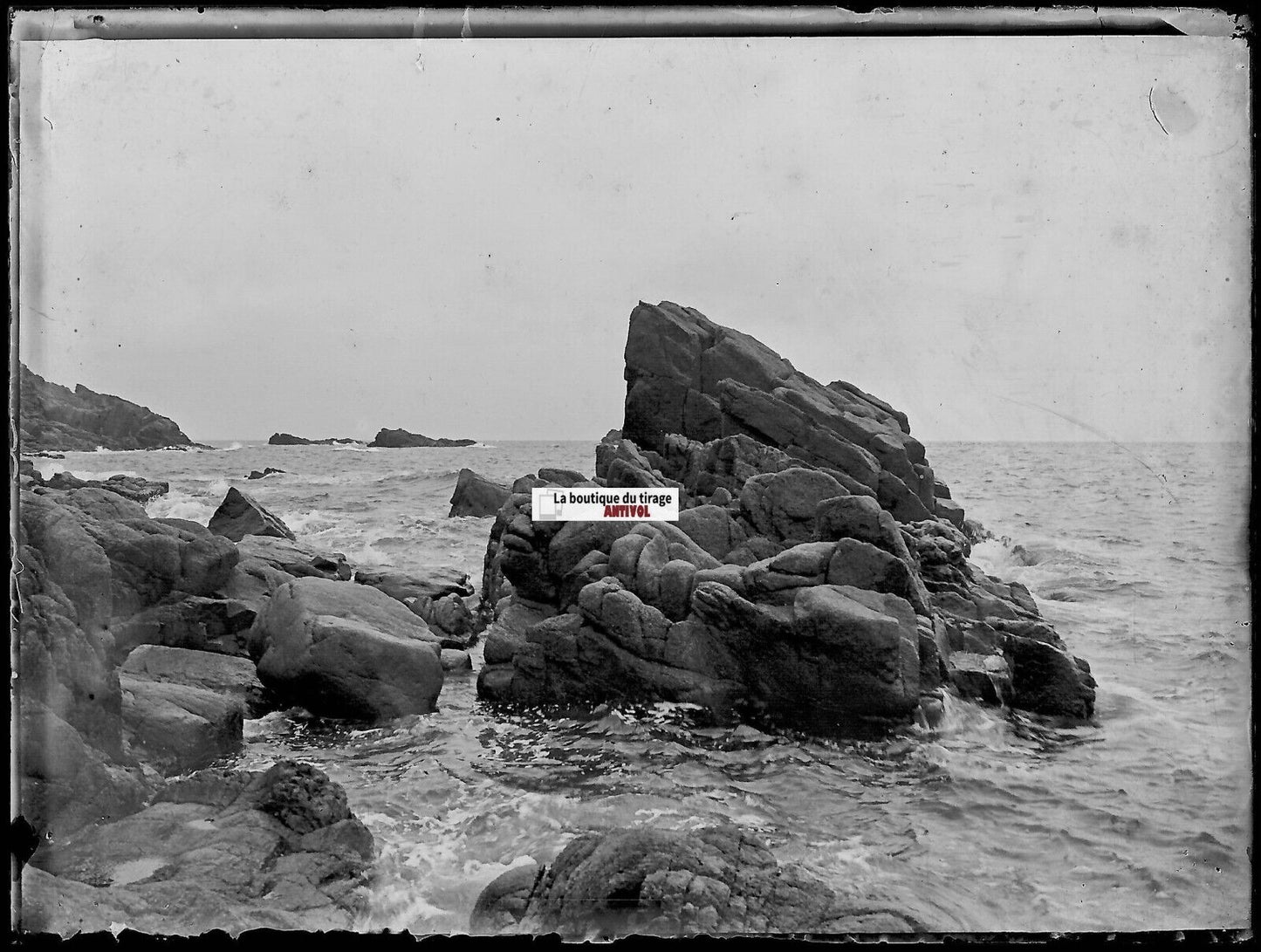 Jersey, Guernesey, mer rochers, Plaque verre photo, négatif noir & blanc 9x12 cm