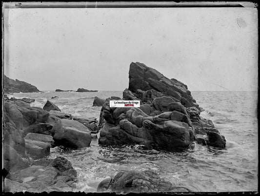 Jersey, Guernesey, mer rochers, Plaque verre photo, négatif noir & blanc 9x12 cm