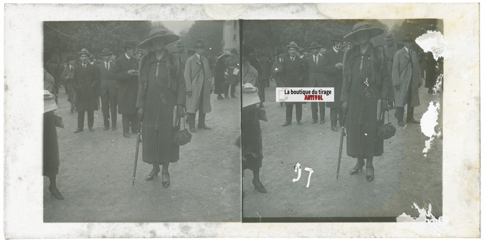 Scène de vie, Longchamp, Paris, plaque verre stéréoscopique, positif 8,5x17 cm