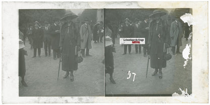 Scène de vie, Longchamp, Paris, plaque verre stéréoscopique, positif 8,5x17 cm