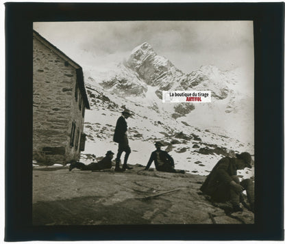 Alpiniste, montagne, photo plaque verre, noir & blanc, positif 8,5x10 cm