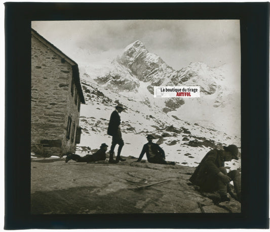 Alpiniste, montagne, photo plaque verre, noir & blanc, positif 8,5x10 cm