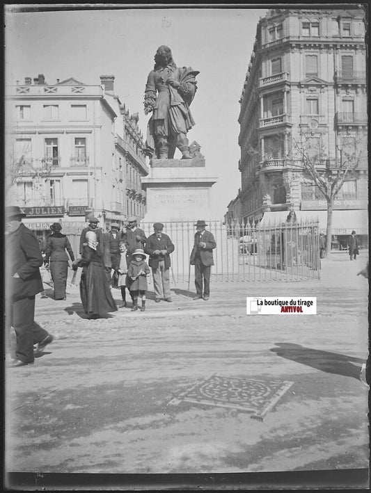 Statue Riquet Béziers, Plaque verre photo ancienne, négatif noir & blanc 9x12 cm