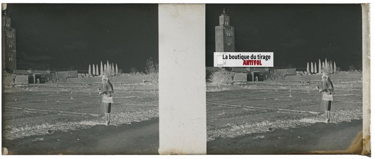Koutoubia Marrakech Maroc, Plaque verre stéréo, négatif noir & blanc 4,5x10,7 cm