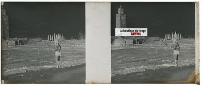 Koutoubia Marrakech Maroc, Plaque verre stéréo, négatif noir & blanc 4,5x10,7 cm