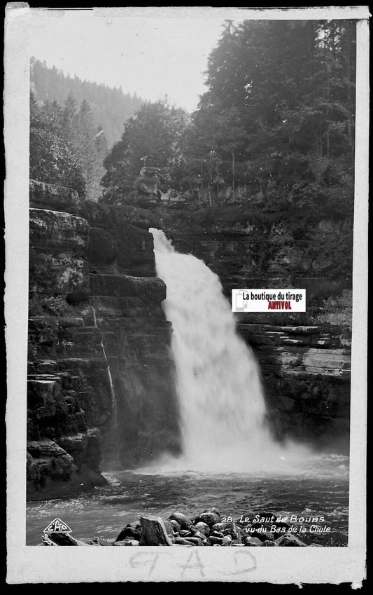 Plaque verre photo négatif noir & blanc 9x14 cm, Saut du Doubs, Villers-le-Lac