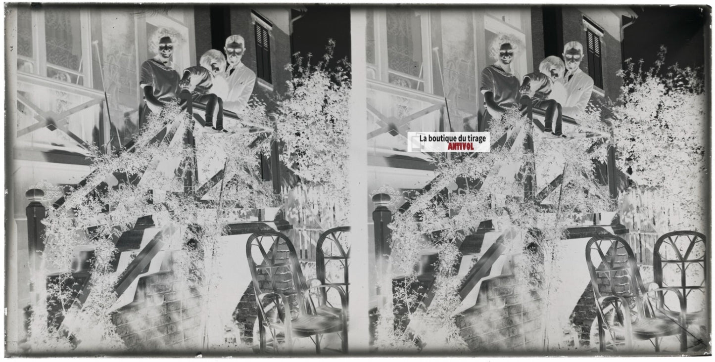 Villa, maison, famille, stéréoscopie, photo plaque verre, négatif 9x18 cm