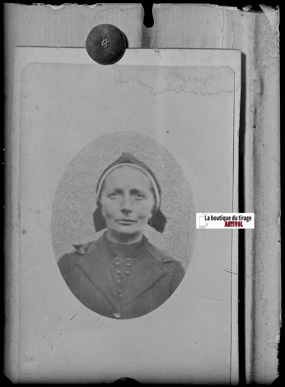 Portrait femme, France, Plaque verre photo, négatif ancien noir & blanc 6x9 cm