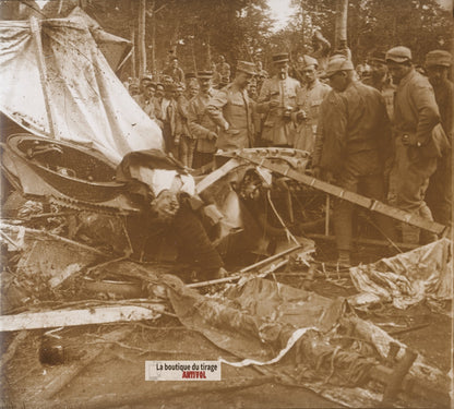 Verdun, avion allemand, guerre WW1, plaque verre photo ancienne stéréo 6x13 cm