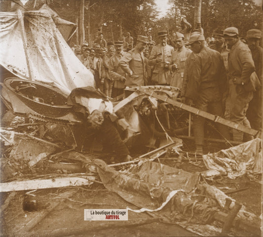Verdun, avion allemand, guerre WW1, plaque verre photo ancienne stéréo 6x13 cm