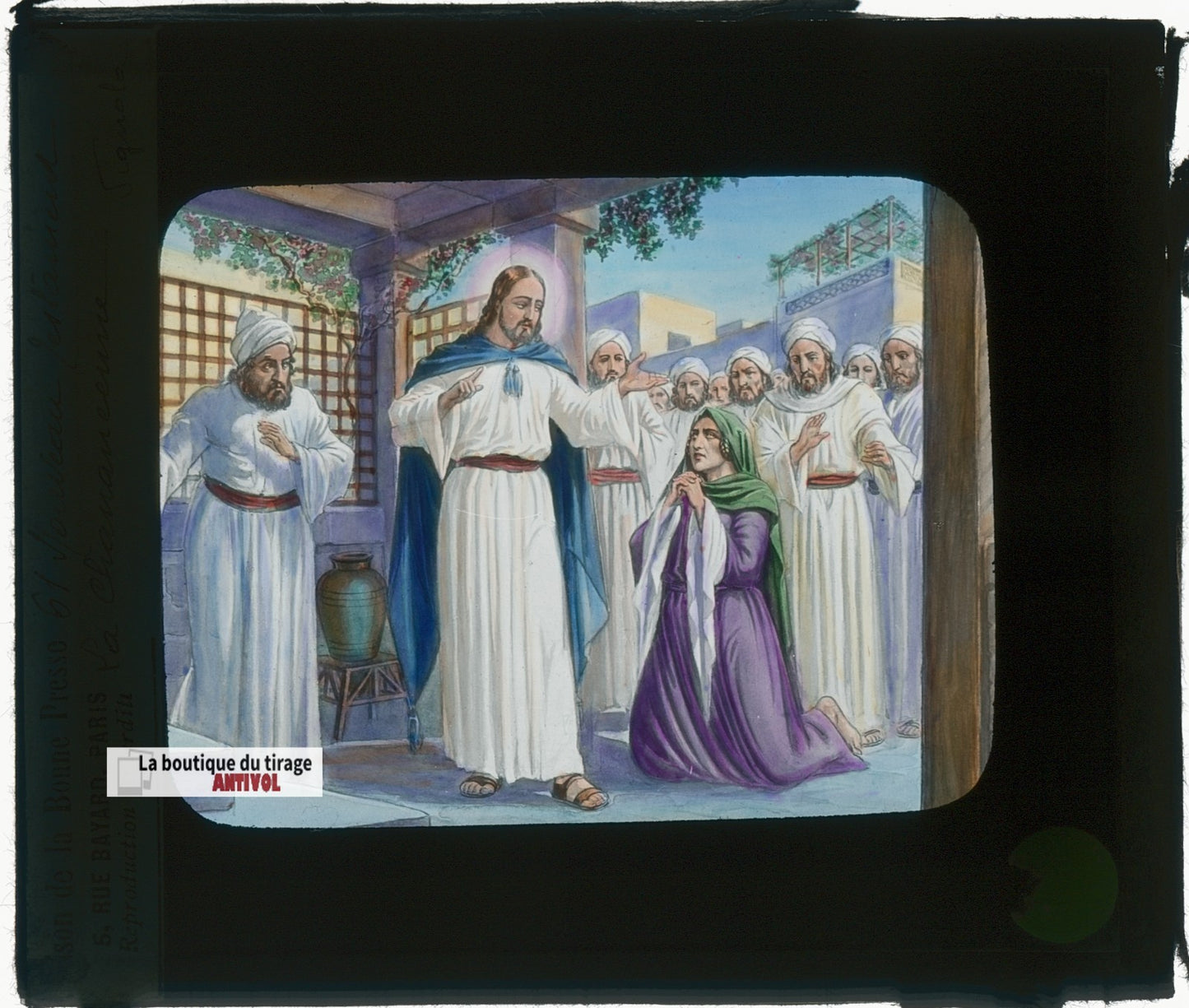 La Chananéenne, Jésus, dessin, plaque verre ancienne, couleur 8,5x10 cm