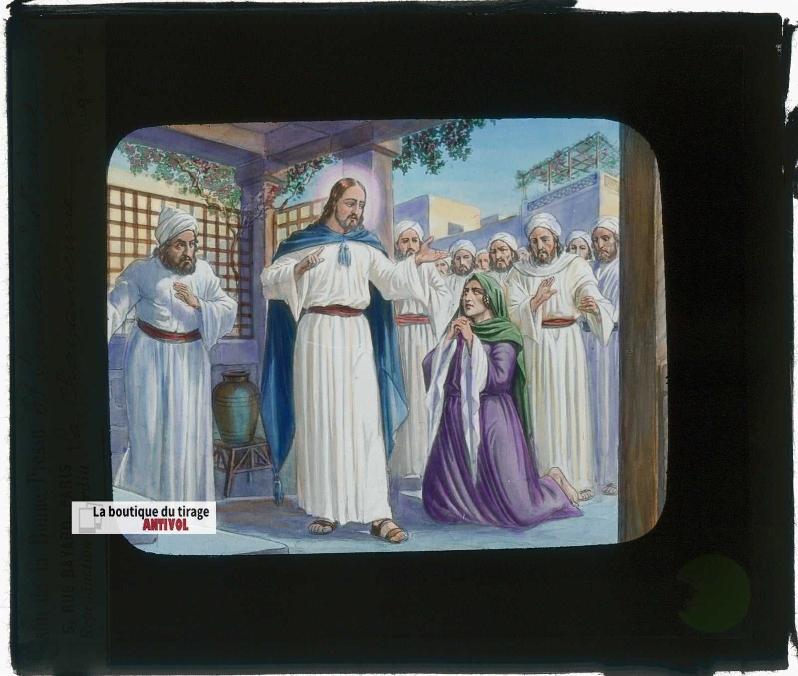 La Chananéenne, Jésus, dessin, plaque verre ancienne, couleur 8,5x10 cm