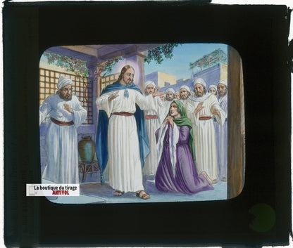 La Chananéenne, Jésus, dessin, plaque verre ancienne, couleur 8,5x10 cm