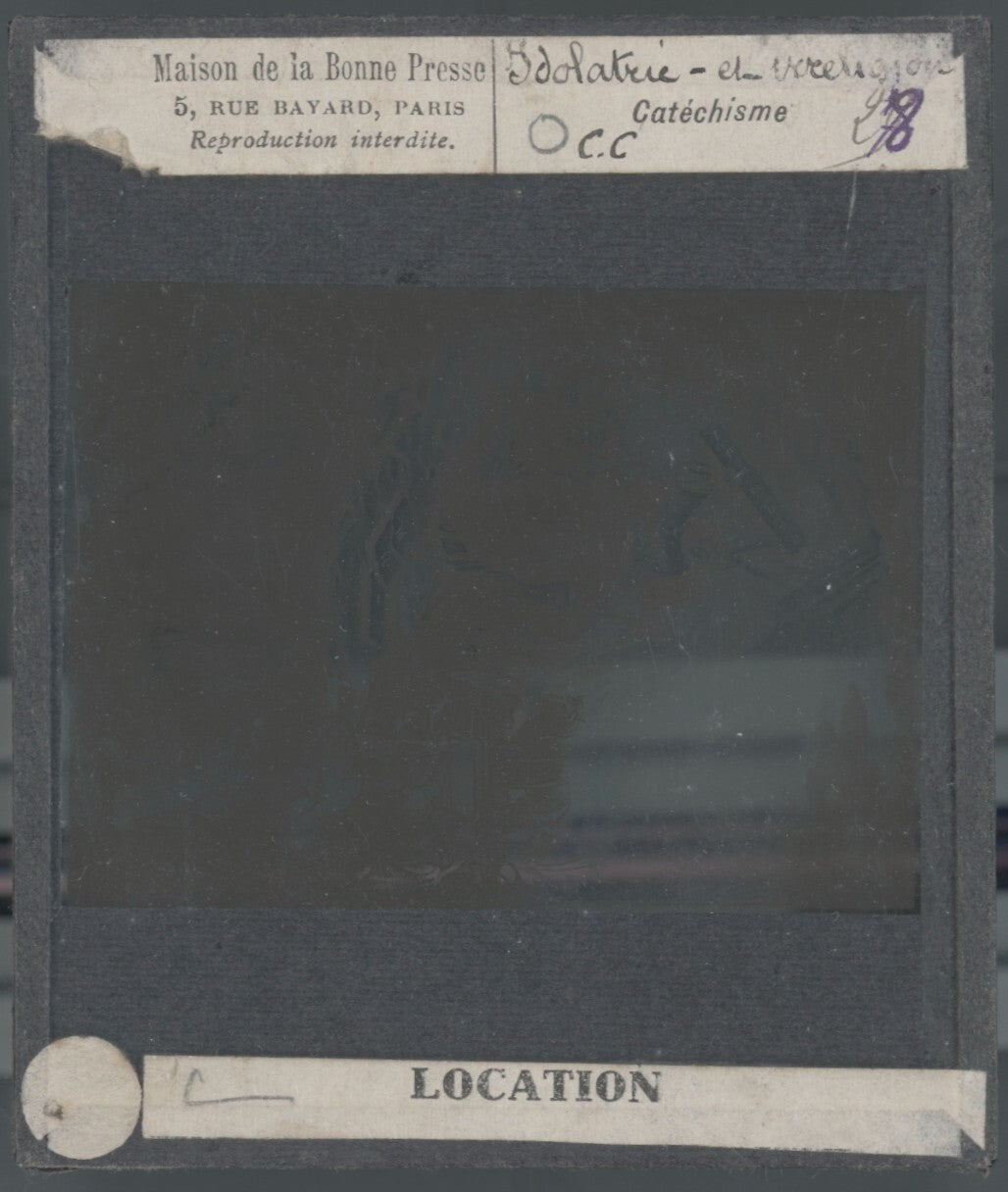 Scène religieuse, catéchisme, dessin peinture, plaque verre, positif 8,5x10 cm