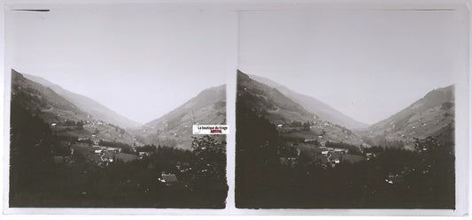 Paysage, montagne , Plaque verre photo stéréo, positif noir & blanc 6x13 cm