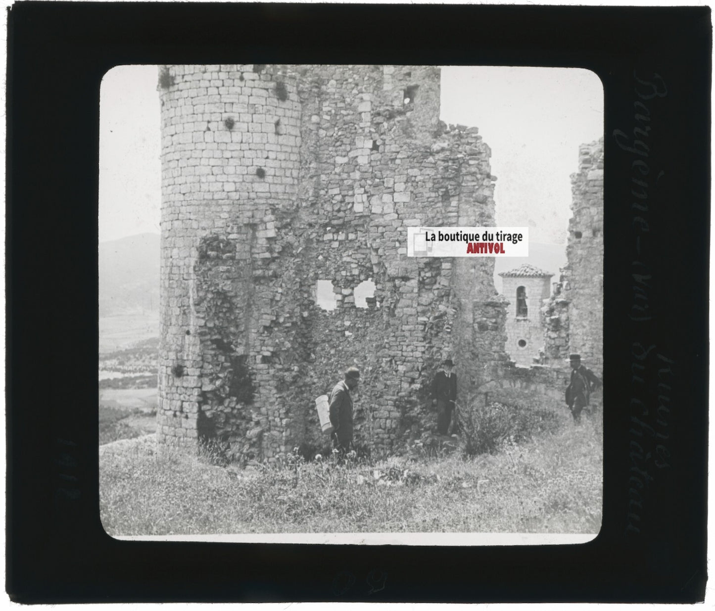 Bargème, ruines château, photo ancienne plaque de verre, positif 8,5x10 cm