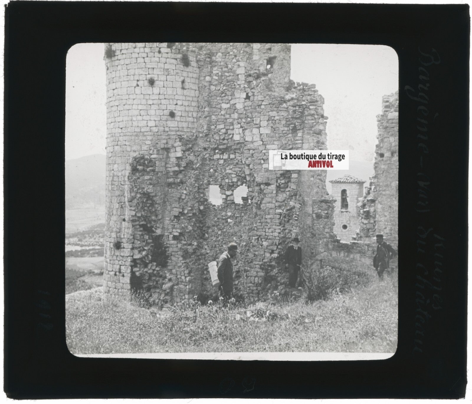 Bargème, ruines château, photo ancienne plaque de verre, positif 8,5x10 cm