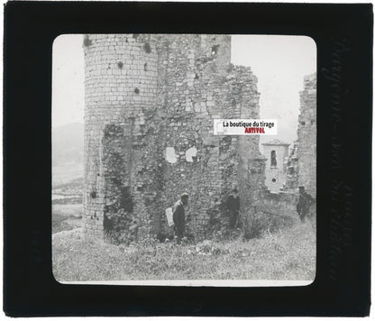 Bargème, ruines château, photo ancienne plaque de verre, positif 8,5x10 cm