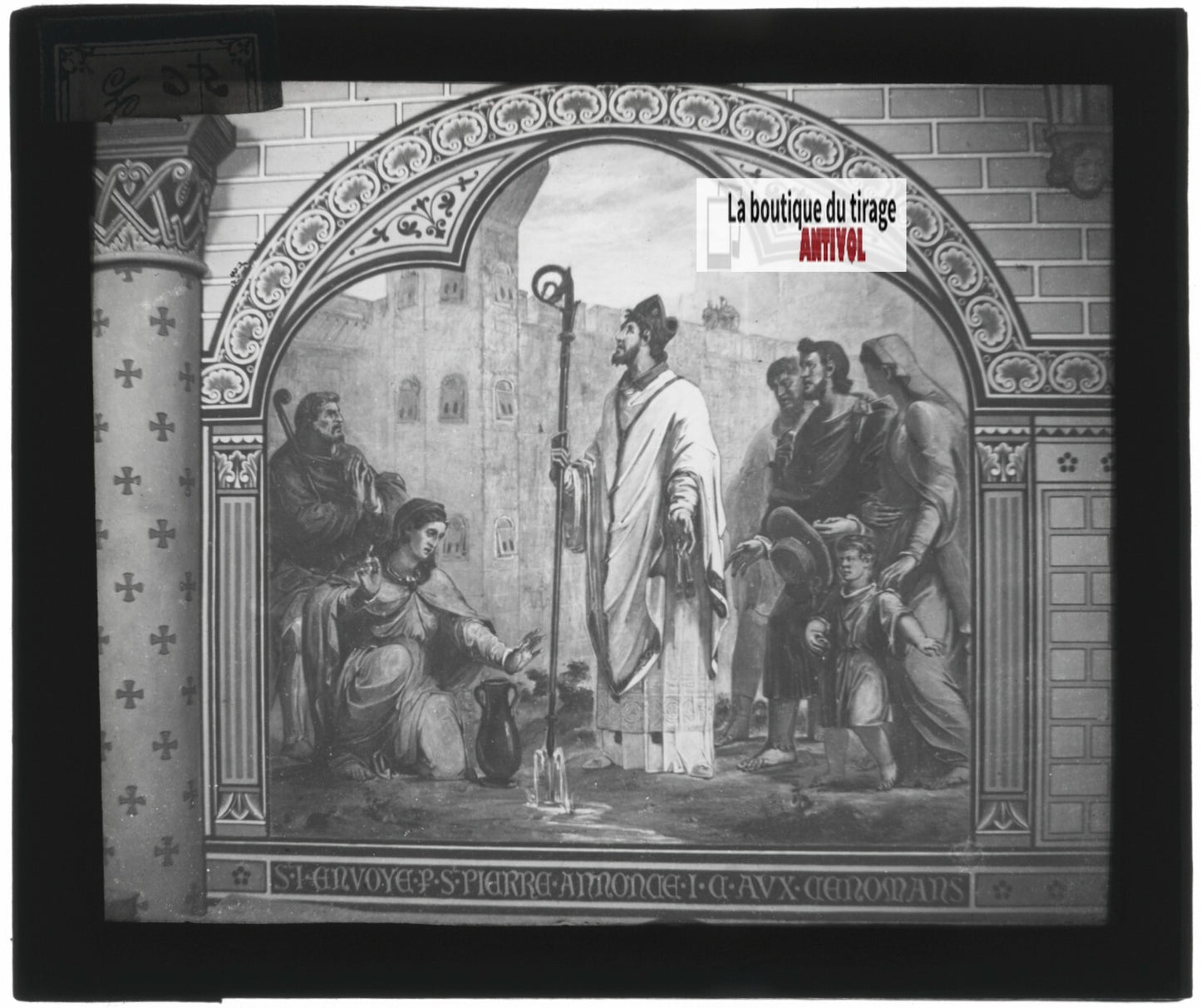 Scène religieuse, religion, dessin peinture, plaque verre, positif 8,5x10 cm