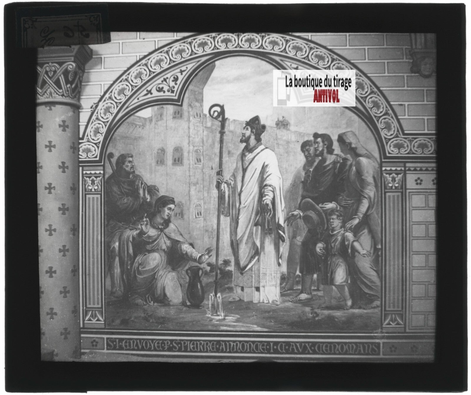 Scène religieuse, religion, dessin peinture, plaque verre, positif 8,5x10 cm