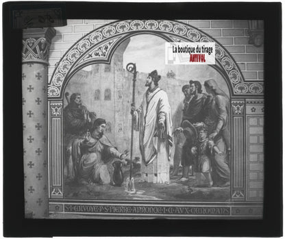 Scène religieuse, religion, dessin peinture, plaque verre, positif 8,5x10 cm