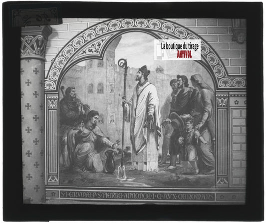 Scène religieuse, religion, dessin peinture, plaque verre, positif 8,5x10 cm