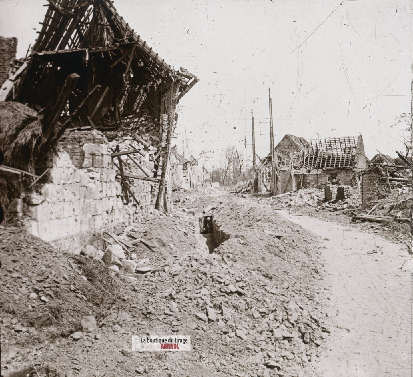 Village d’Hébuterne, guerre WW1, plaque verre stéréo, photo ancienne 4,5x10,7 cm